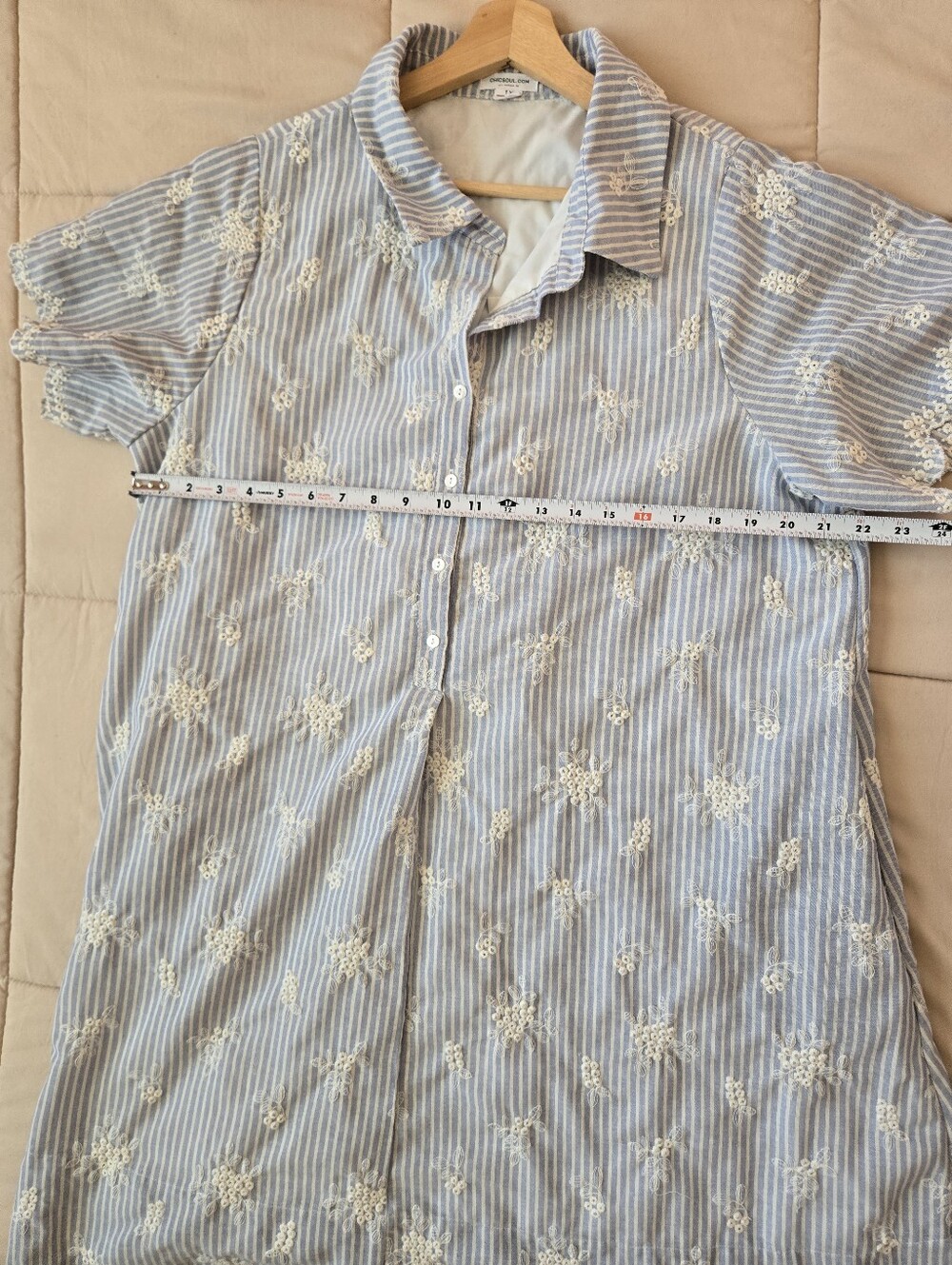 Chic Soul Light Blue Striped And White Floral Embroidered Button Dress 1X - Picture 9 of 10